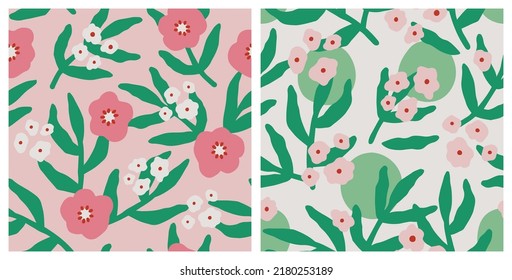 Set of cute flowers and leaves pattern design