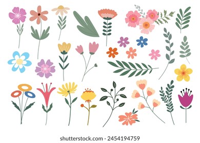 Set of cute flowers and leaves. Flowers and twigs for different designs. Flower collection. Vector.