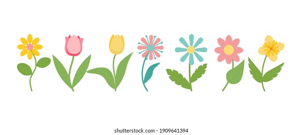 Set of cute flowers in pastel colors, isolated on white background. Cartoon style. Suitable for greeting cards, textiles, holiday printing. Vector illustration