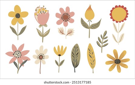 Set of cute flowers plant in cartoon style. Hand drawn vector doodle childish illustration. Isolated simple drawing for kid-friendly graphic and babyish book or card design.