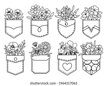 Set of cute flowers in a pocket. Collection of flower bouquet inside pocket. Wild flower. T-shirt design. Hand drawn. Vector illustration for a store.