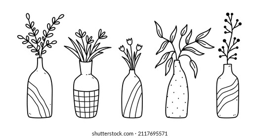 Set of cute flowers and twigs in ceramic vases isolated on white background. Vector hand-drawn illustration in doodle style. Perfect for cards, decorations, logo.