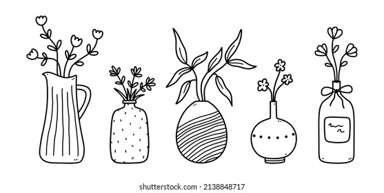 Set of cute flowers and twigs in ceramic vases isolated on white background. Vector hand-drawn illustration in doodle style. Perfect for cards, decorations, logo.