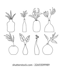 Set of cute flowers and twigs in ceramic vases and pots isolated on white background. Vector hand-drawn illustration in doodle style. Perfect for cards, decorations, logo.