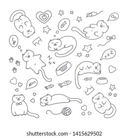 Set Cute fluffy cats. Design concept for childrens print. Isolated flat illustration in doodle style.