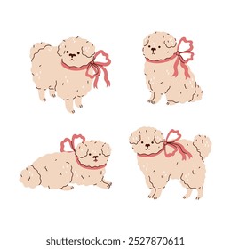 Set of cute fluffy dogs with bows. Vector graphics.