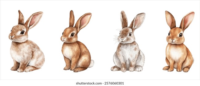 Set of cute fluffy gray hares watercolor png. Symbol of Easter etc. Wild hares watercolor. Vector illustration.