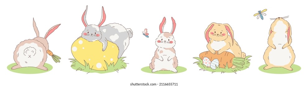Set of cute fluffy hand drawn bunnies. Vector illustration collection of easter rabbits.