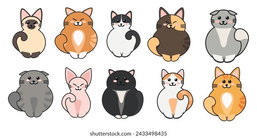 Conjunto de gatitos y gatos mullidos en estilo de dibujos animados. Ilustración vectorial de gatos de colores divertidos: rojo, gris, negro, marrón con manchas con diferentes emociones, poses, razas aisladas sobre fondo blanco.