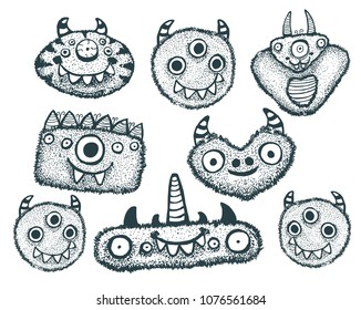 Set with cute fluffy monsters isolated on the white background