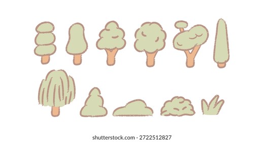 A set of cute and fluffy trees and bushes drawn with soft pencil texture in a childlike style. Designed in a clean and friendly look for use in children's books, educational materials, and eco-friendly branding.