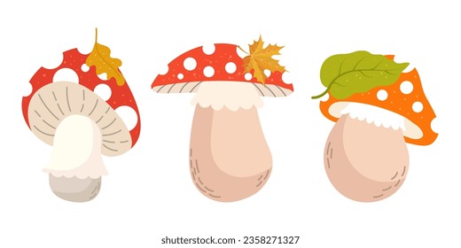 Set of cute fly agaric mushrooms with autumn leaves. Print, illustration, vector	
