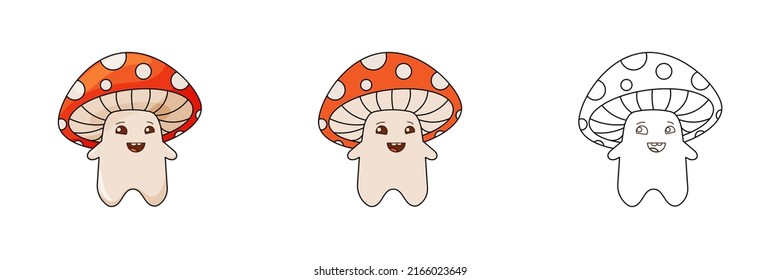 A set of cute fly agarics, characters. Funny mushrooms with a charming face. Children's flat vector illustration on a white background