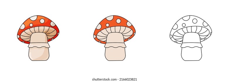 A set of cute fly agarics. Funny fabulous mushrooms. Children's flat vector illustration on a white background