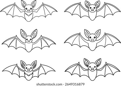 Set of Cute Flying Bats Line Art Vector – Hand Drawn Halloween Animal Collection