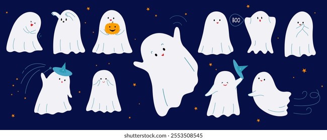 A set of cute flying ghosts expressing different emotions. Laughing, funny, scary and afraid characters. Vector illustration on isolated background