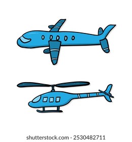 Conjunto de helicóptero ou avião voador bonito, helicóptero azul ou avião, ilustração vetorial gráfico de cor plana isolado no fundo branco