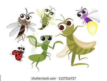 Set Of Cute Flying Insects Cartoon Character,Vector Insects Design,mosquito,Grasshopper,Dragonfly,Mantis,Firefly And Ladybug On White Isolated Background.