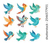 Set of cute flying little colorful cartoon birds vector art illustration on a white background 