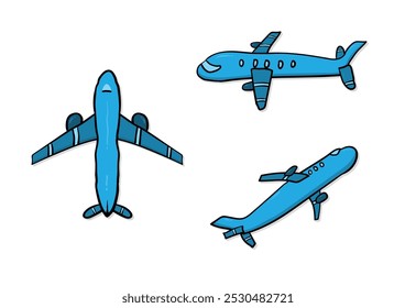 Set süß fliegendes Transportflugzeug, handgezeichnetes doodle-blaues Flugzeug, flache farbige Vektorgrafik einzeln auf weißem Hintergrund