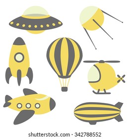 set of cute flying vehicles, colorful cartoon design elements