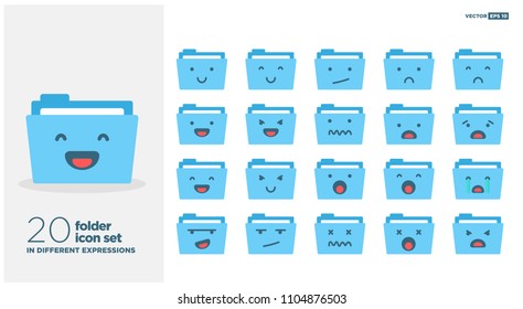 Set of Cute Folder Icon Emoji Line Icons In Different Expressions Flat Design Style