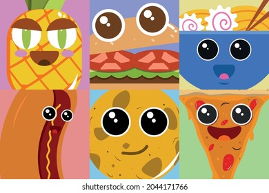 Set of Cute Food avatars, vector illustration. Profile pictures, pineapple, hamburger, ramen, hotdog, cookie and pizza.