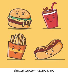 Set of cute food cartoon doodle illustration burger, cola, french fries, hotdog