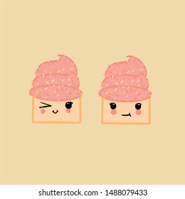 Set of a cute food character. Adorable isolated cupcake with a kawaii face espression. Vector illustration made with flat pastel colors of a dessert.