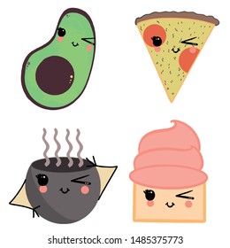 Set of cute food characters. Adorable slice of pizza, cupcake, avocado and cup of coffee with kawaii face espressions. Vector set of four isolated food on white background.