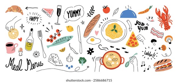 Set of cute food doodle elements vector. Hand drawn doodle collection of pizza, bread, lobster, sandwich, wine, fish, coffee. Design for print, cartoon, wallpaper, restaurant, cafe, sticker.