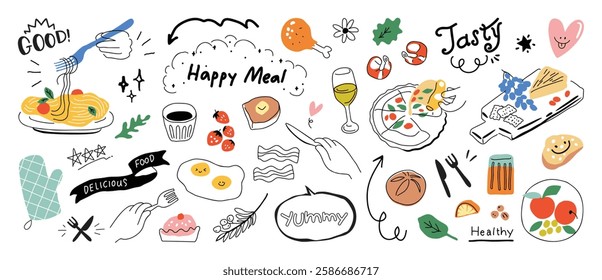Set of cute food doodle elements vector. Hand drawn doodle collection of pizza, bread, mushroom, pasta, egg, strawberry, coffee. Design for print, cartoon, wallpaper, restaurant, cafe, sticker.