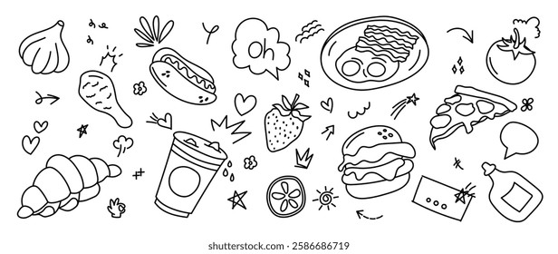 Set of cute food doodle elements vector. Hand drawn doodle collection of breakfast, coffee, hot dog, burger, pizza, tomato, chicken. Design for print, cartoon, wallpaper, restaurant, cafe, sticker.