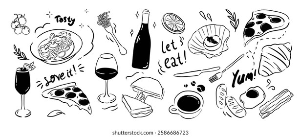 Set of cute food doodle elements vector. Hand drawn doodle collection of pizza, pasta, sausage, sandwich, wine, coffee, sparkle. Design for print, cartoon, wallpaper, restaurant, cafe, sticker.