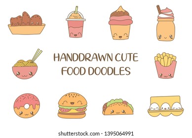 Set of Cute Food Doodles. Kawaii Food Icon doodles. Cute muffin, hamburger, french fries, milkshake, eggs, noodles.