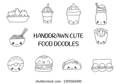 Set of Cute Food Doodles. Kawaii Food Icon doodles. Cute muffin, hamburger, french fries, milkshake, eggs, noodles.
