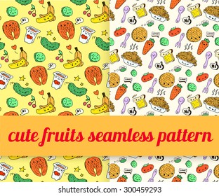 set of cute food doodles. seamless pattern. sketches of pizza, noodles, waffles, ice cream, carrots, salmon, cake, fruit, cutlery, packaging juice, fried egg. characters with speaking bubbles