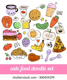 set of cute food doodles. sketches of pizza, noodles, waffles, ice cream, carrots, salmon, cake, fruit, cutlery, packaging juice, fried egg. characters with speaking bubbles