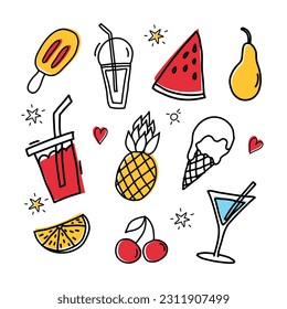 Set of cute food and drink summer icons. Ice cream, drink, watermelon, pear, pineapple, orange, cherry and martini. Bright summer poster. Doodle