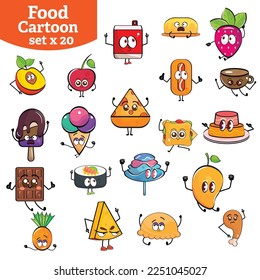 Set of cute food and fast food cartoon characters Vector