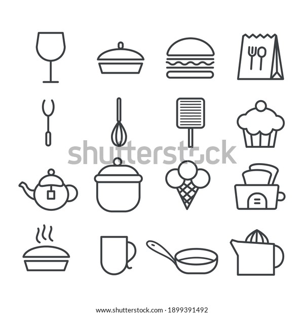 Set of cute food icon. Restaurant or\
cooking concept. Modern outline on white\
background