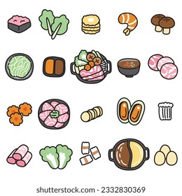 Set of cute food icon shabu cartoon.Asian food hand drawn.Meal.Buffet.Vegetable,sauce,meat,soup.Kawaii.Vector.Illustration.