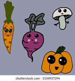 Set of cute food.  Icons in kawaii style with smiling face. Image for print, design, back surface, fabric, packaging, web. Colored vector illustration. Hand-drawn.