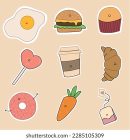 set of cute food stickers with faces