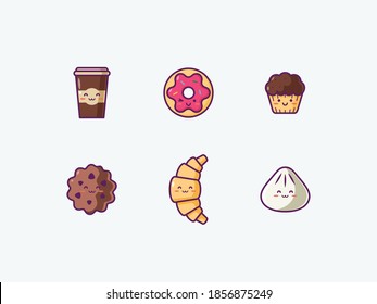 Set of Cute Foods and Drinks Icon Part 6 - Smiley Emoji Icon Set, Vector Cartoon Illustration.