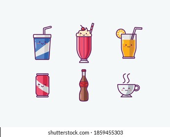 Set of Cute Foods and Drinks Icon Part 4 - Smiley Emoji Icon Set, Vector Cartoon Illustration.