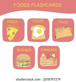 Set of cute foods flashcard vector. Kawaii foods around the world. Various tasty food. Hand-drawn vector set. Cute vector set. Flashcard for preschool children.