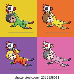 Conjunto de ilustración vectorial del Cute Football Goalkeeper. Arquero en partido de fútbol. Salto del portero. Ilustración del vector de portero de fútbol.