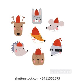 Set of cute forest animal faces in hats isolated on a white background. Hand drawn characters. Bear fox mouse deer hedgehog rabbit and raccoon. Vector illustration.