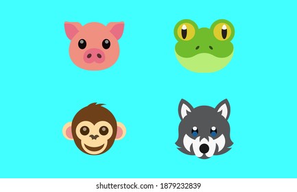 Set of cute forest animal heads isolated in blue. Image of forest creature. Cartoon character face. Vector illustration.